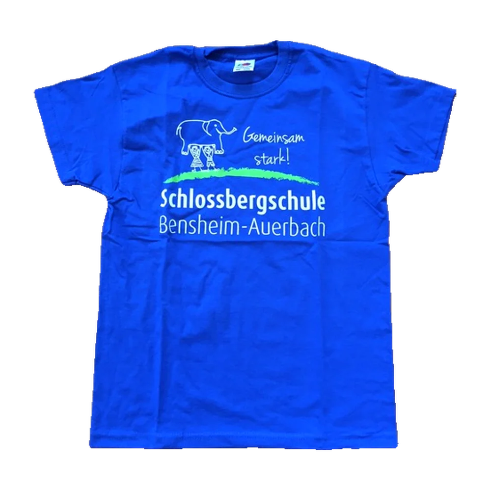 Royalblaues Schul-T-Shirt für Kinder mit dem Schlossberg-Elefanten auf der Brust