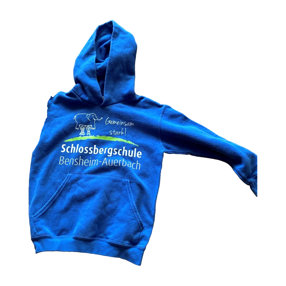 Royalblaue Kapuzenjacke mit dem Schlossberg-Elefanten als Brustdruck