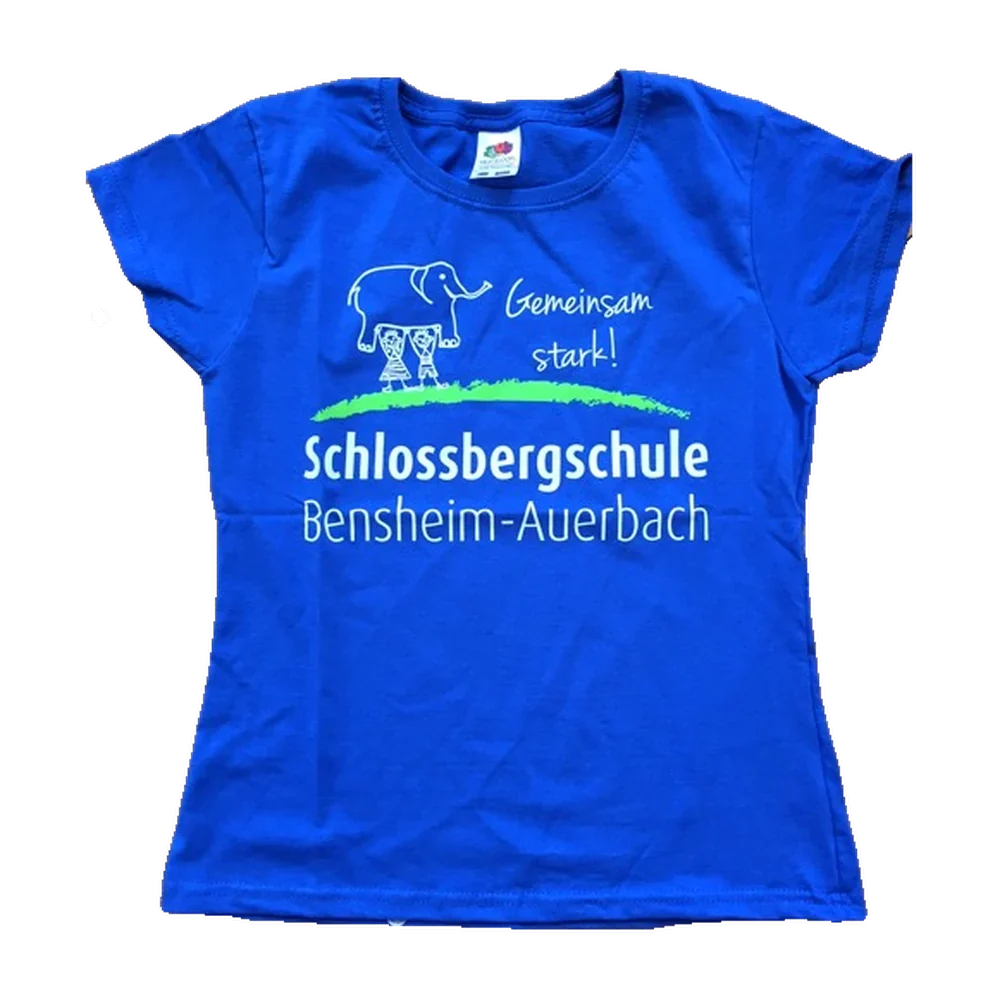 Tailliertes royalblaues Damen-Shirt mit dem Schlossberg-Elefanten auf der Brust